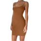 Brown bodycon mini dress with thin straps, women's fashion