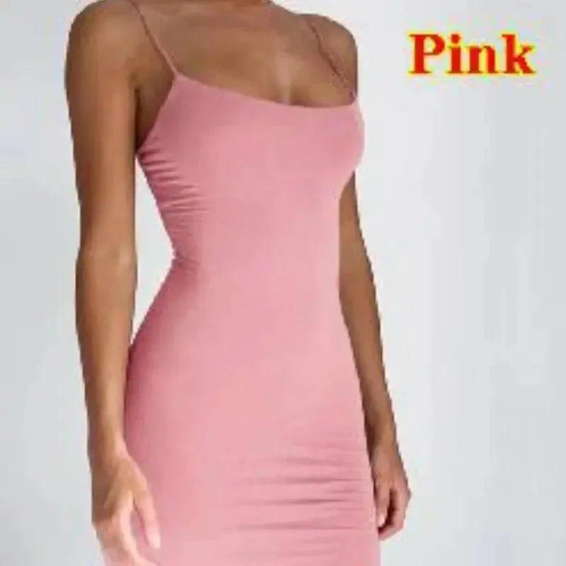 Pink women's bodycon dress with thin straps, stylish fashion wear