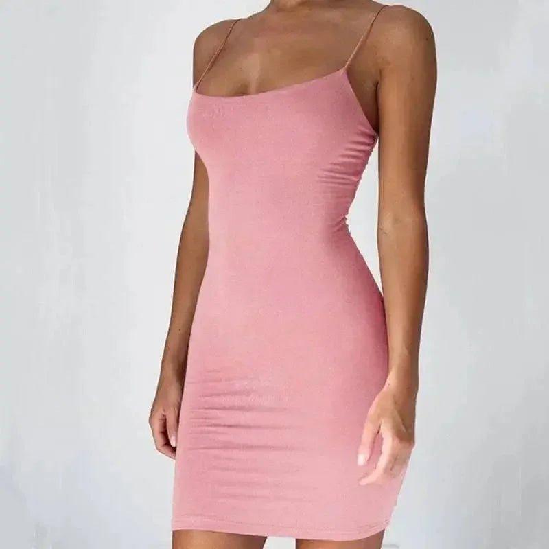 Pink bodycon mini dress with thin straps, women's fashion