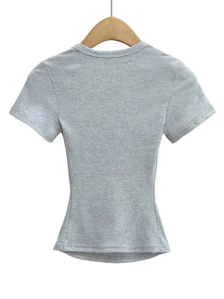 Gray ribbed women's fitted t-shirt with short sleeves, back view on hanger