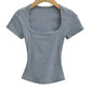 Gray women's square neck short sleeve crop top on hanger, stylish fashion tee