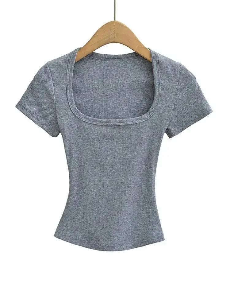 Gray women's square neck short sleeve crop top on hanger, stylish fashion tee