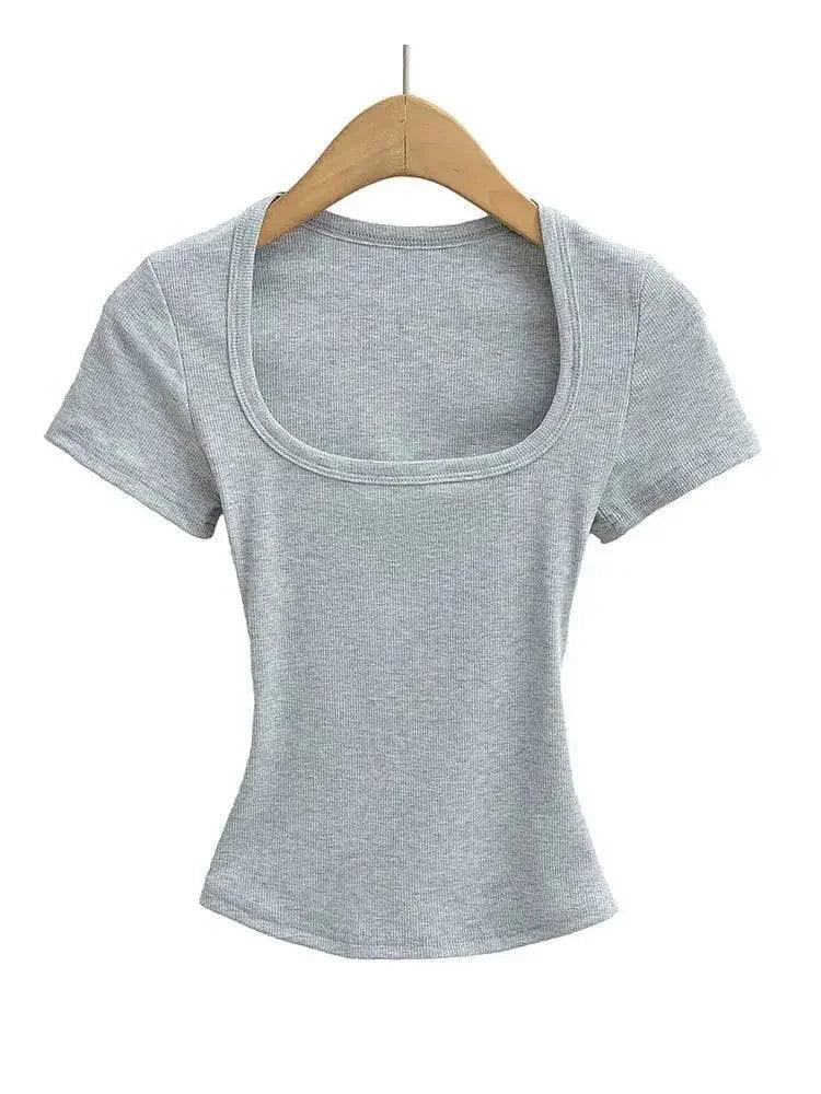 Gray ribbed women's crop top with square neckline and short sleeves on wooden hanger