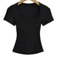 Black women's short sleeve crop top with square neckline, stylish fashion tee for casual wear