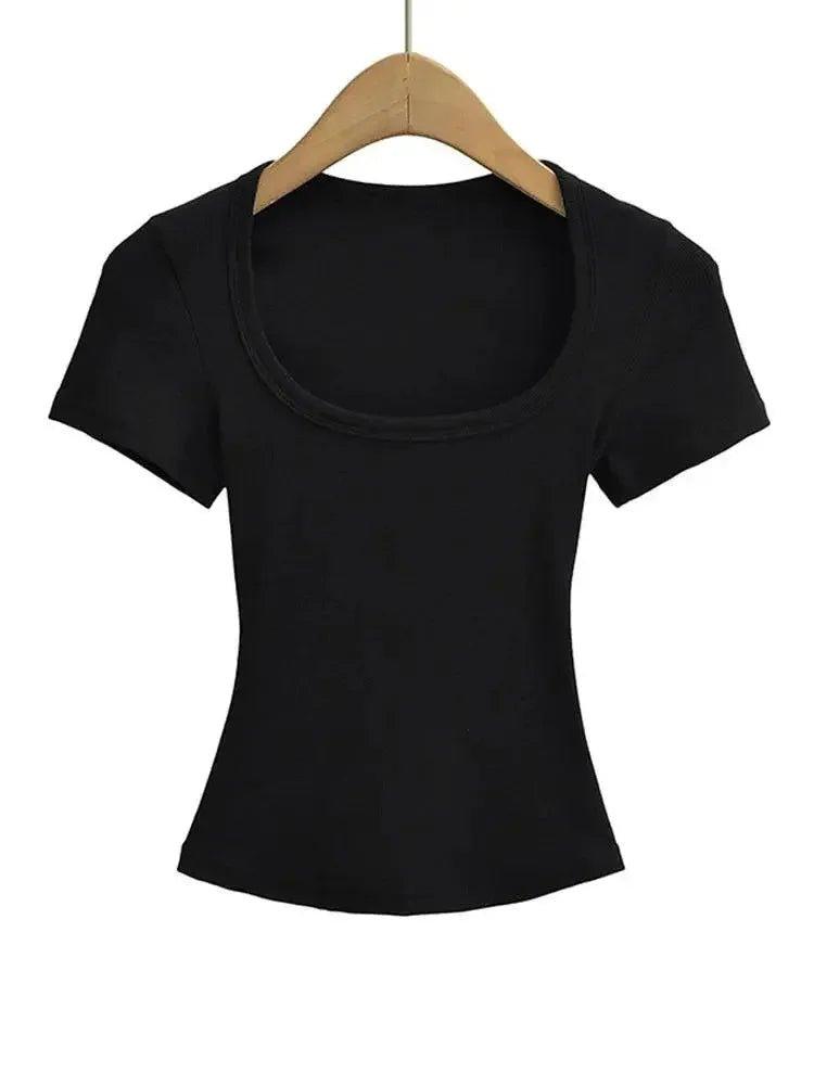 Black women's short sleeve crop top with square neckline, stylish fashion tee for casual wear