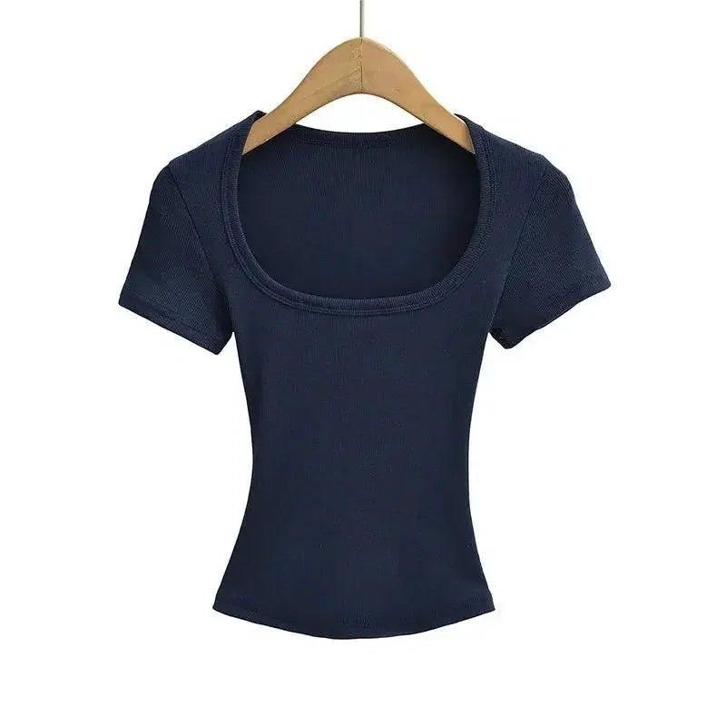 Navy blue women's ribbed crop top with square neckline, short sleeves, on wooden hanger