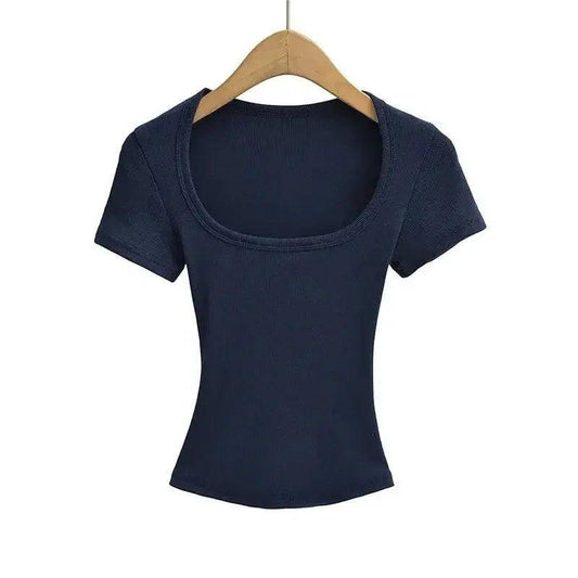 Navy blue women's ribbed crop top with square neckline, short sleeves, on wooden hanger