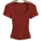 Rust red ribbed crop top with square neckline and short sleeves, women's fashion