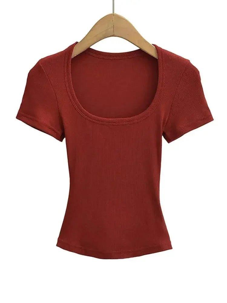 Rust red ribbed crop top with square neckline and short sleeves, women's fashion