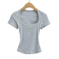 Gray ribbed women's crop top with square neckline and short sleeves, perfect for casual fashion