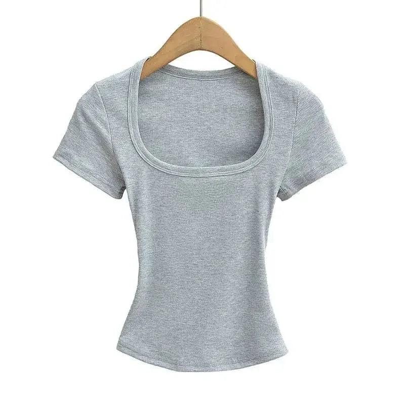 Gray ribbed women's crop top with square neckline and short sleeves, perfect for casual fashion