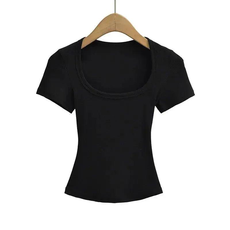 Black women's fitted crop top with square neckline and short sleeves on wooden hanger