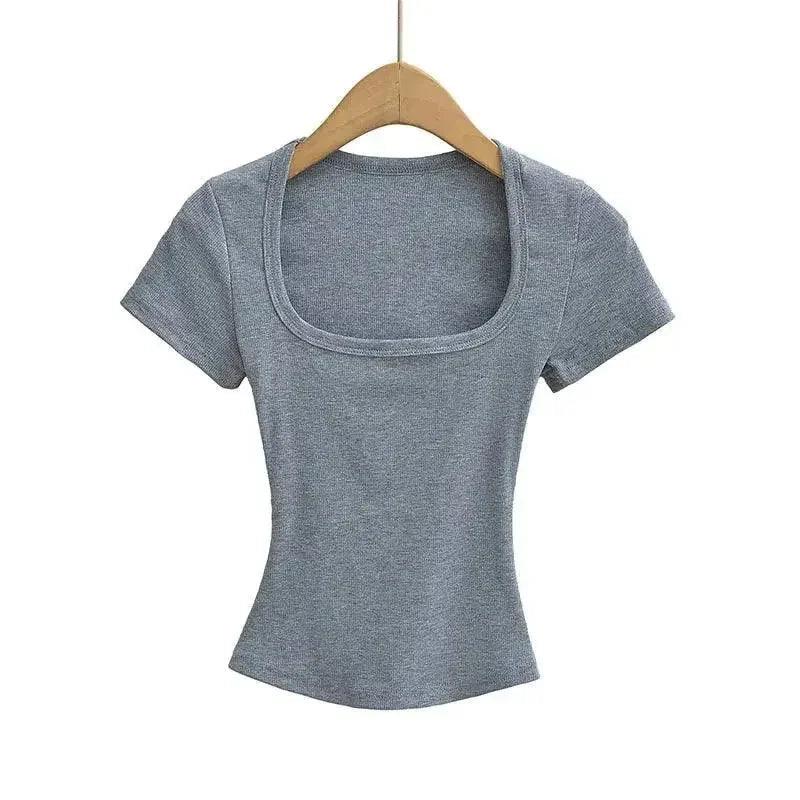 Gray women's short sleeve top with square neckline, stylish fashion tee on hanger