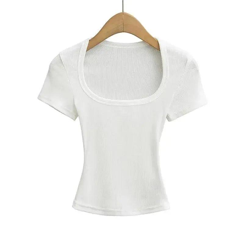 White ribbed women's crop top with square neckline, short sleeves, on wooden hanger