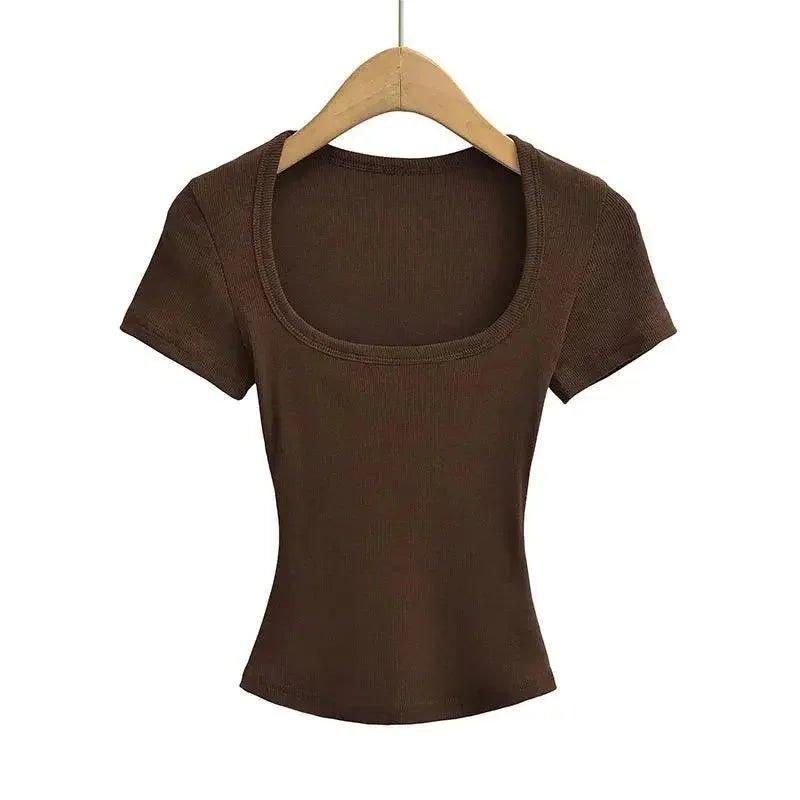 Brown ribbed women's crop top with square neckline, short sleeves, on wooden hanger