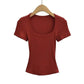 Rust red ribbed crop top with square neckline, women's fashion tee on wooden hanger