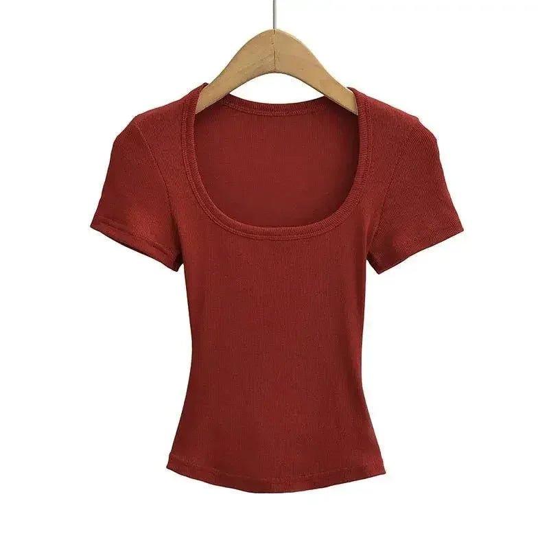 Rust red ribbed crop top with square neckline, women's fashion tee on wooden hanger