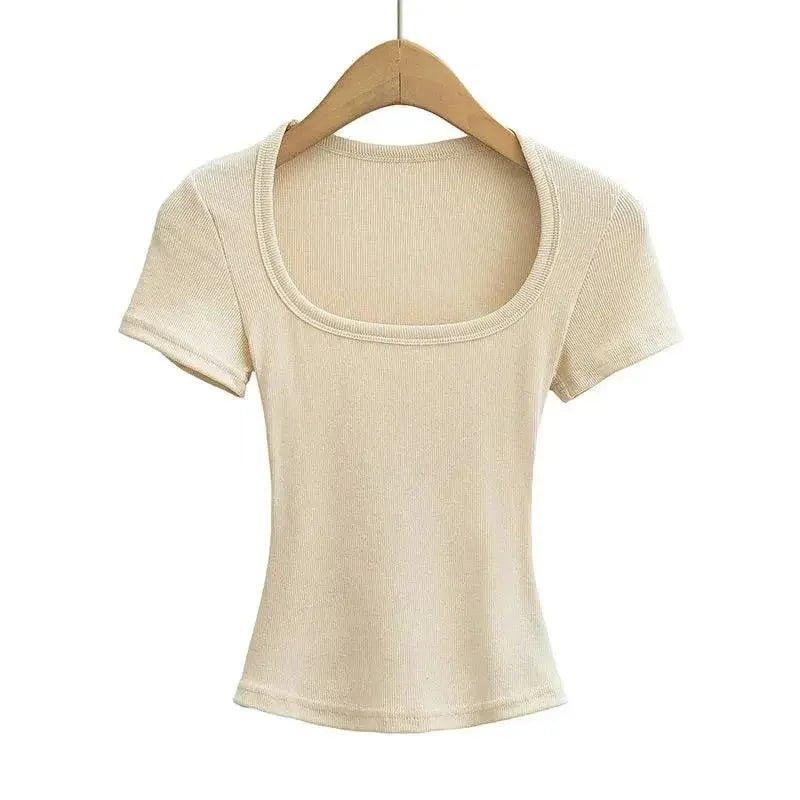 Cream ribbed women's short sleeve top with square neckline on wooden hanger