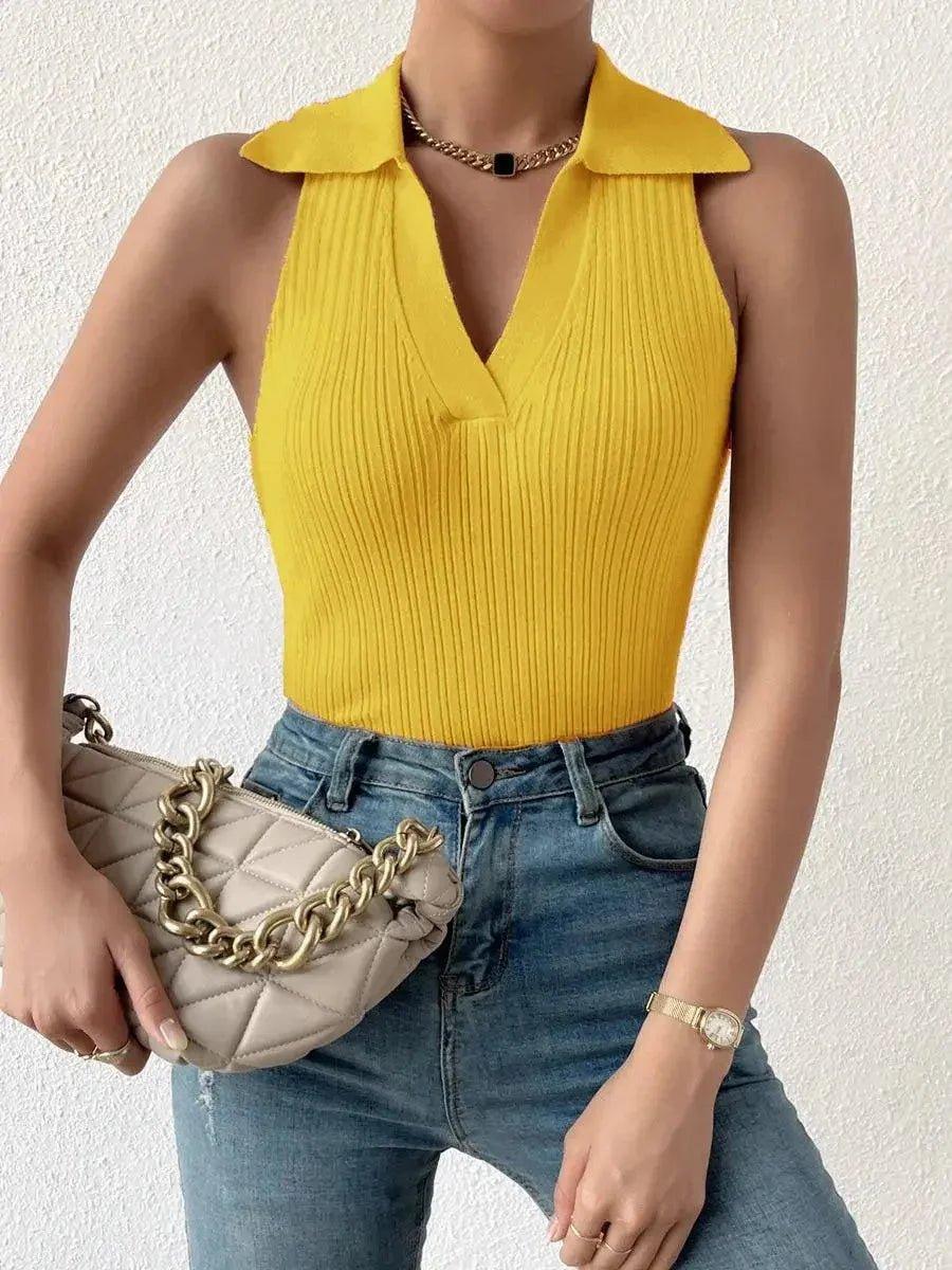 Yellow ribbed sleeveless top with collar, paired with jeans and quilted chain bag for women's fashion