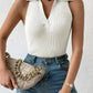 White ribbed sleeveless top with collar, paired with jeans and chain bag, women's fashion