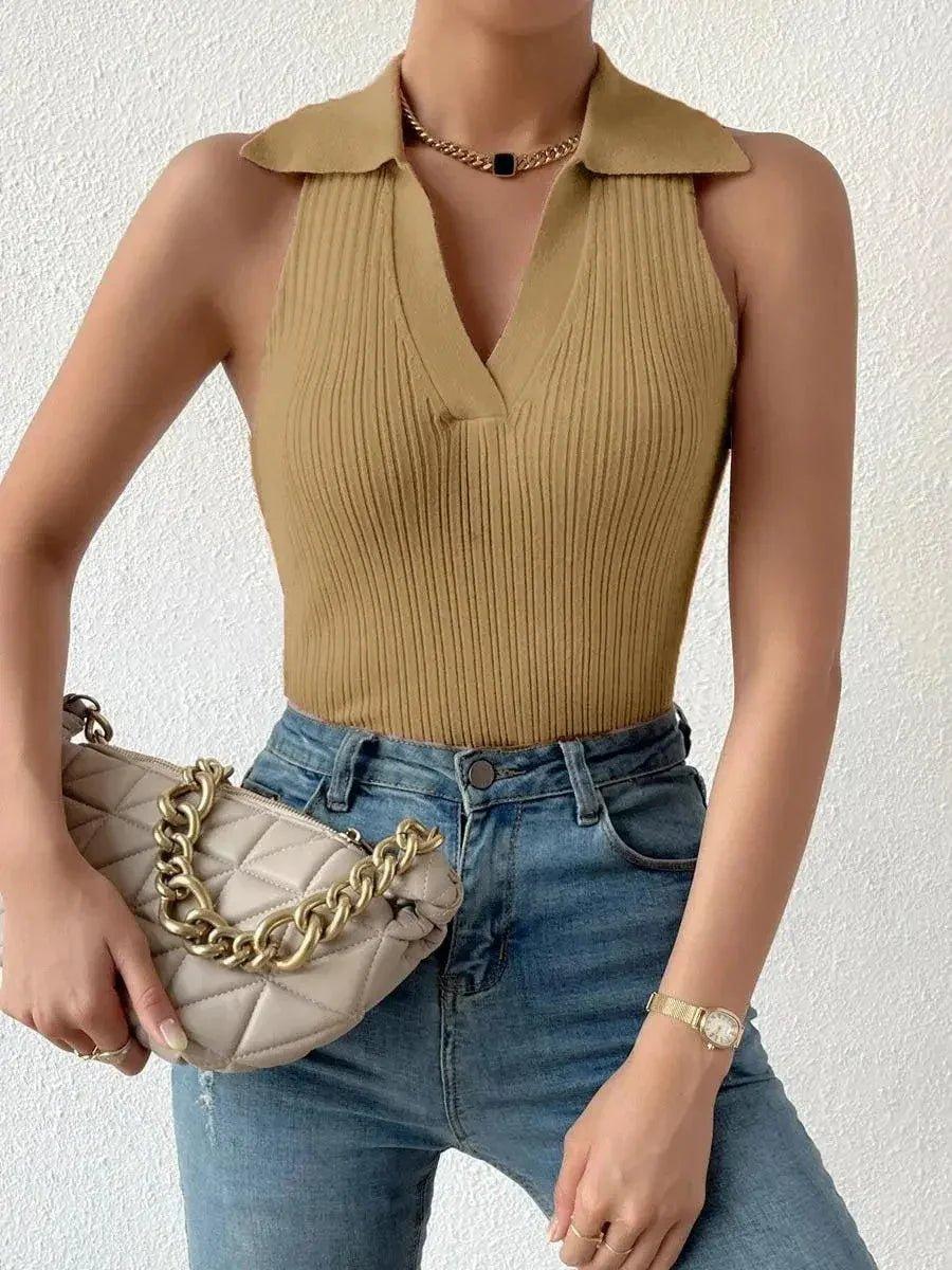 Tan ribbed sleeveless top with collar, paired with jeans and quilted chain bag for women's fashion