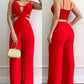 Red cutout jumpsuit with wide legs, front and back views, women's fashion outfit