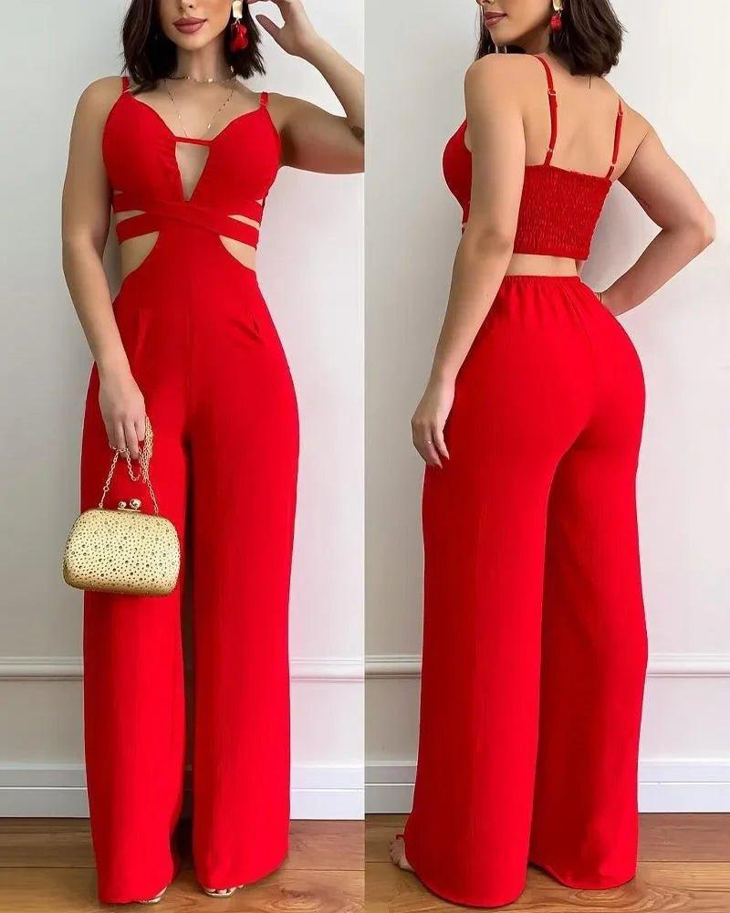 Red cutout jumpsuit with wide legs, front and back views, women's fashion outfit