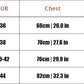 Women's fashion size chart with US, EUR, chest, and hip measurements for S to XL