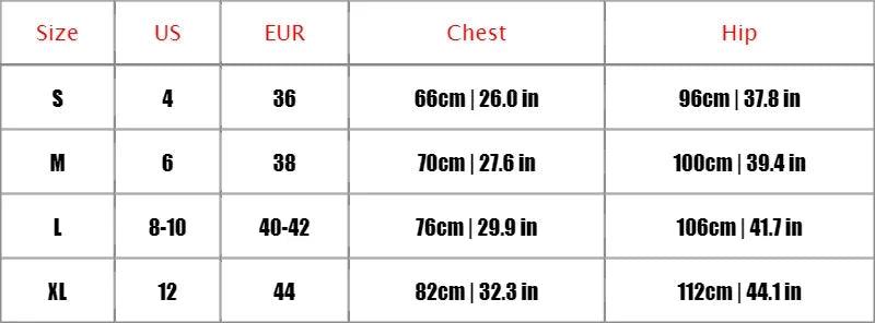 Women's fashion size chart with US, EUR, chest, and hip measurements for S to XL