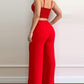 Red women's two-piece set with crop top and wide-leg pants, stylish fashion outfit