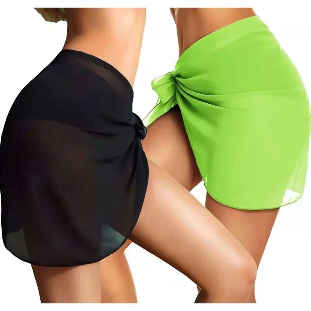 Women's sheer wrap skirts in black and lime green, stylish beach cover-ups for summer fashion.