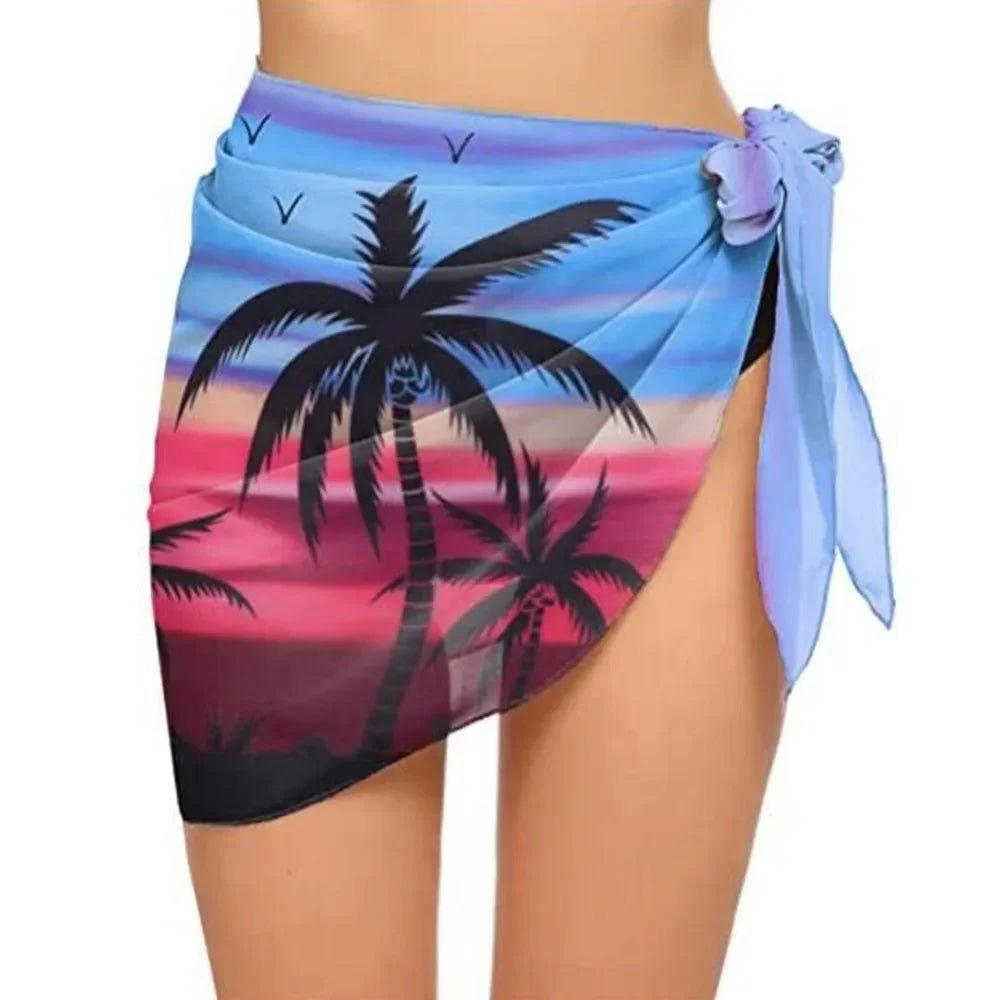 Tropical palm tree print beach wrap skirt with sunset gradient, tied side knot, women's summer fashion