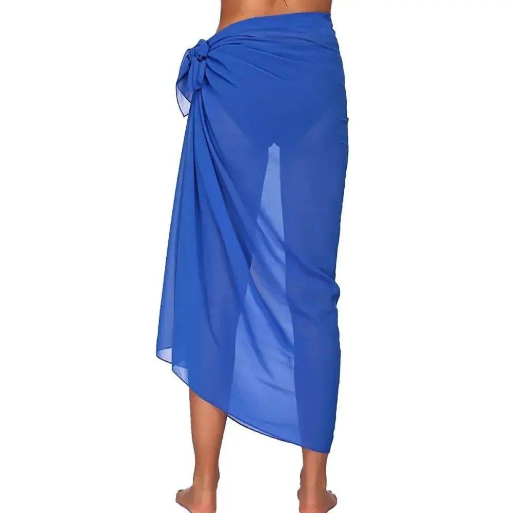 Blue sheer wrap skirt for women, stylish beach cover-up with side tie detail