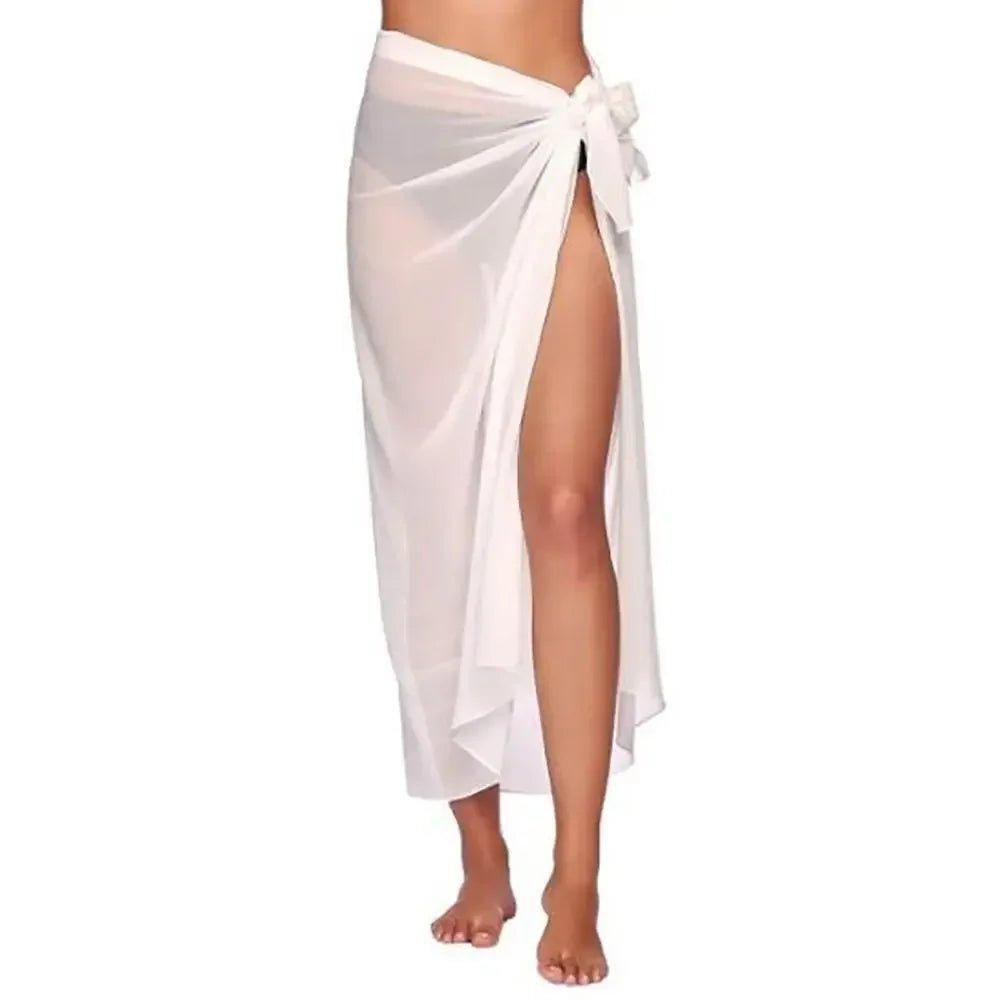 White sheer wrap skirt with side slit and tie waist, women's beach cover-up fashion