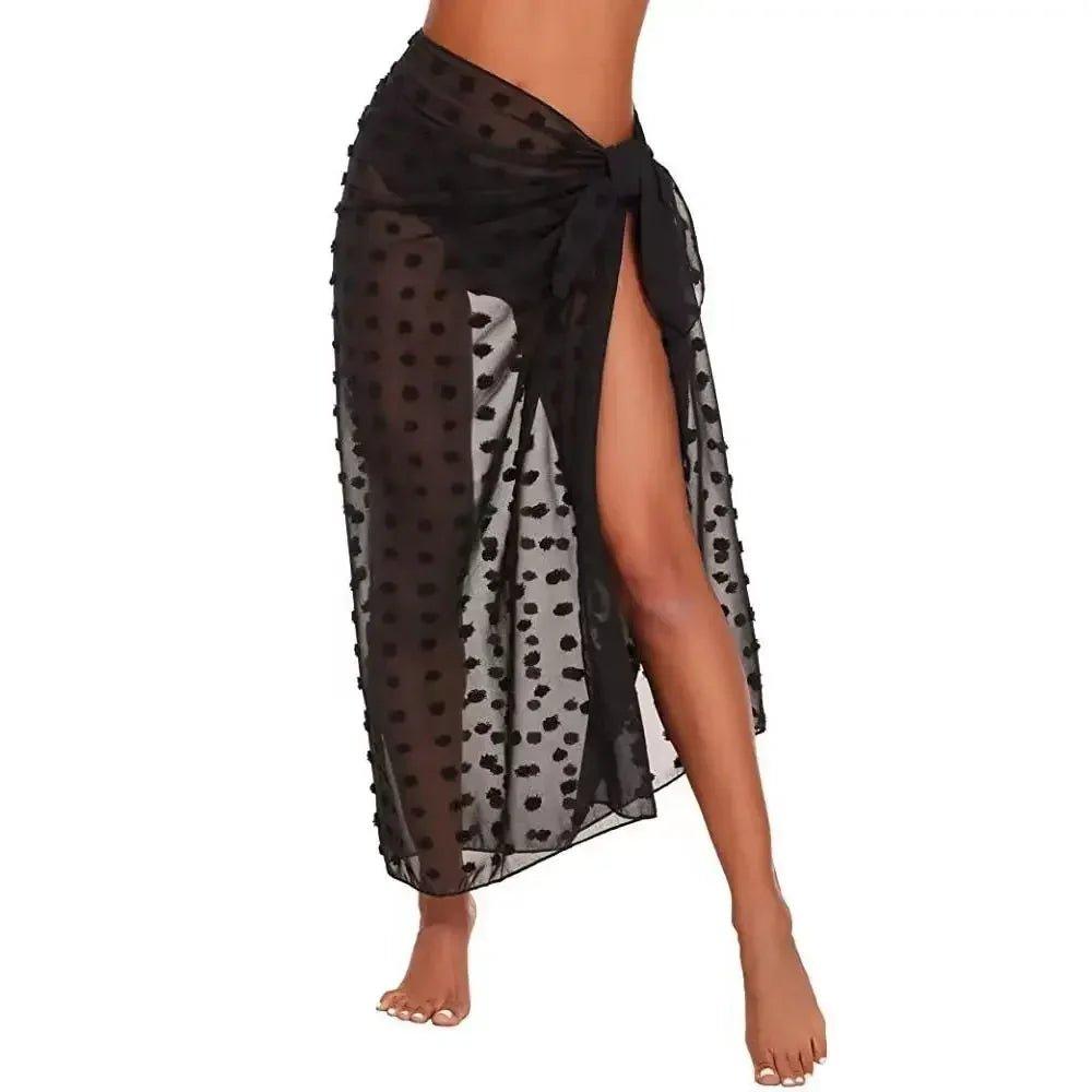 Black polka dot sheer wrap skirt with side slit, women's fashion beach cover-up