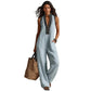 Light blue lace trim tank top for women, stylish summer fashion with delicate neckline detail