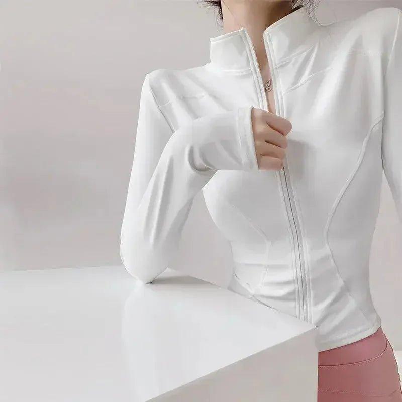 White women's zip-up athletic jacket, stylish fitness wear for active lifestyle