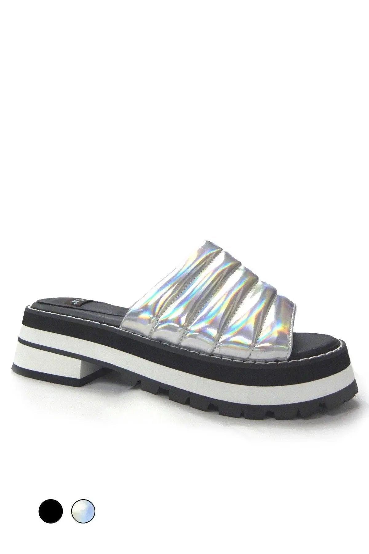 Iridescent silver women's platform slide sandals with black and white chunky sole, fashion footwear