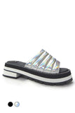 Iridescent silver women's platform slide sandals with black and white chunky sole, fashion footwear
