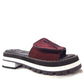 Burgundy suede platform slide sandals with chunky black and white sole, women's fashion footwear