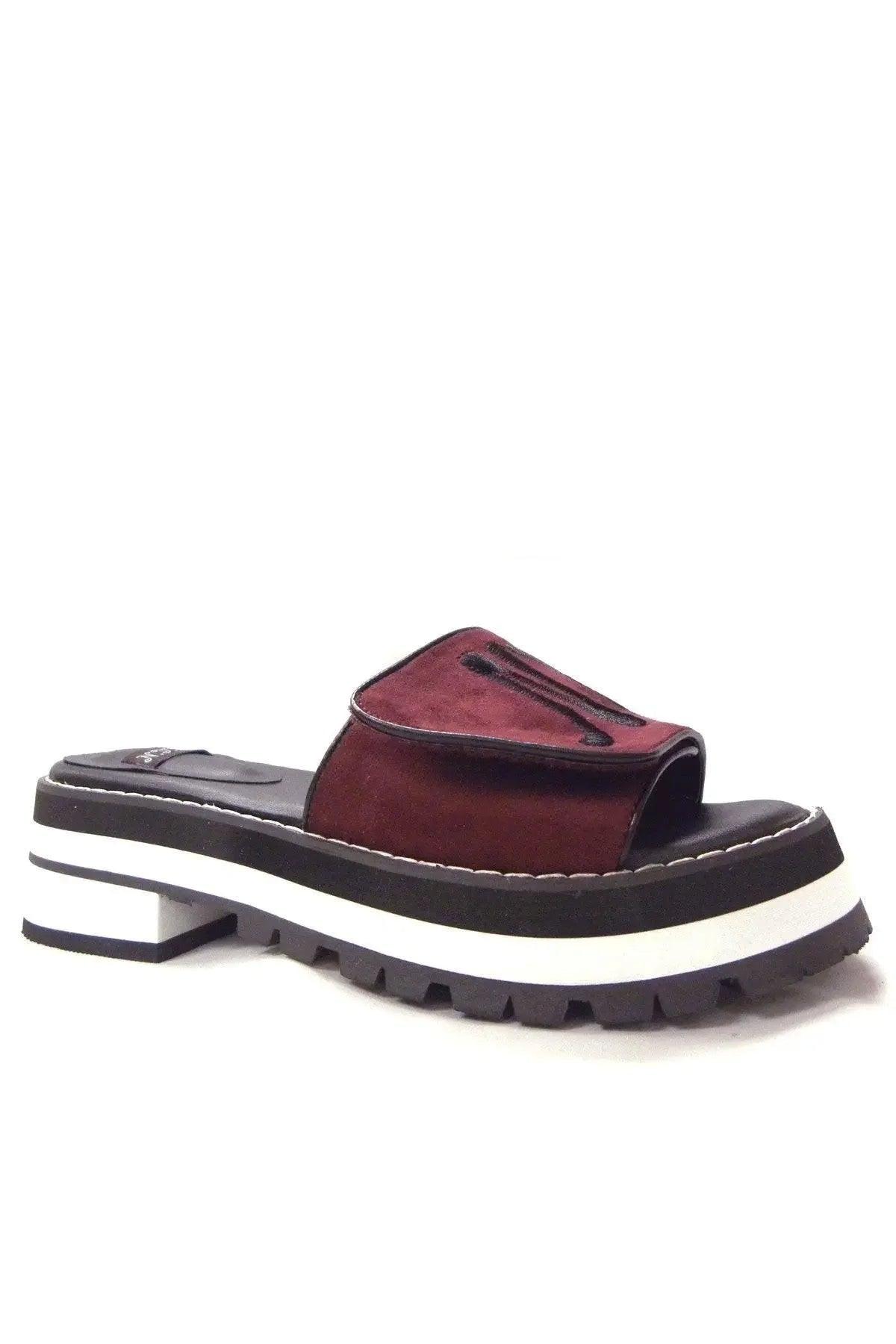 Burgundy suede platform slide sandals with chunky black and white sole, women's fashion footwear
