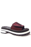 Burgundy suede platform slide sandals with chunky black and white sole, women's fashion footwear