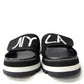 Black platform sandals with white 'NY LA' embroidery, women's fashion footwear