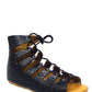 Black lace-up gladiator sandals with perforated leather, flat sole, women's fashion footwear