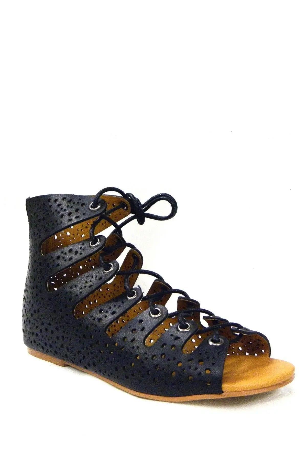 Black lace-up gladiator sandals with perforated leather, flat sole, women's fashion footwear