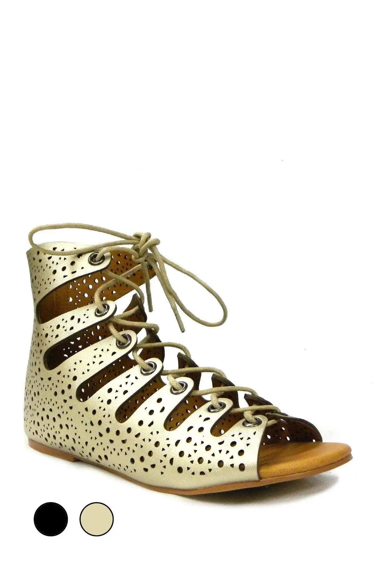 Cream perforated lace-up gladiator sandal with flat sole, women's fashion footwear