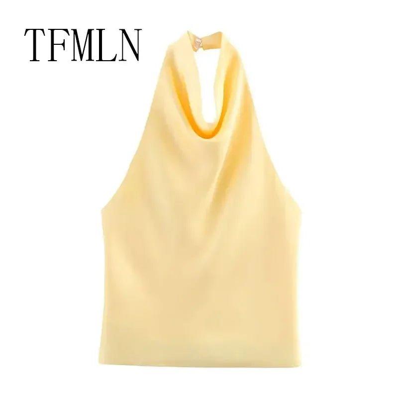 Yellow halter neck sleeveless top for women, elegant summer fashion