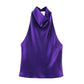 Purple satin halter neck top for women's fashion, elegant sleeveless blouse with draped cowl neckline