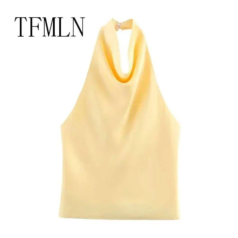 Yellow halter neck sleeveless top for women's fashion