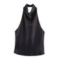 Black satin halter neck top with cowl neckline, elegant women's fashion blouse